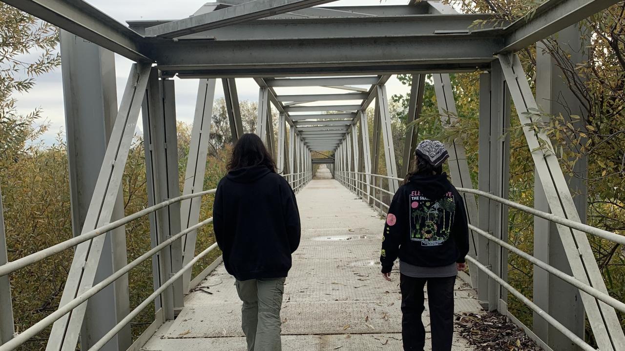 Two students walking on a bridge with their backs turned